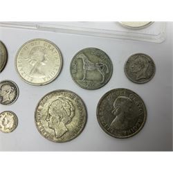 South Africa 1897 one shilling, 1967 one rand, Ireland 1928 two shillings and sixpence, Netherlands 1930 two and a half gulden, two Queen Elizabeth II Canada one dollar coins dated 1958 and 1964, 1967 six coin set in plastic holder etc