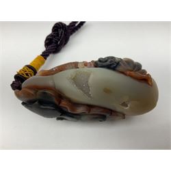 Chinese hardstone carving of a fish amongst coral, with platted rope handle, together with other hardstone and soft stone carvings  