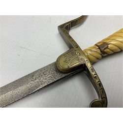 1900-1918 German Imperial NCO sabre with WW2 modifications of Wehrmacht insignia to the langet, 79cm slightly curving fullered blade and brass hilt, the knucklebow chased with oak leaves and acorns L90.5cm overall
This item has been registered for sale under Section 10 of the APHA Ivory Act 