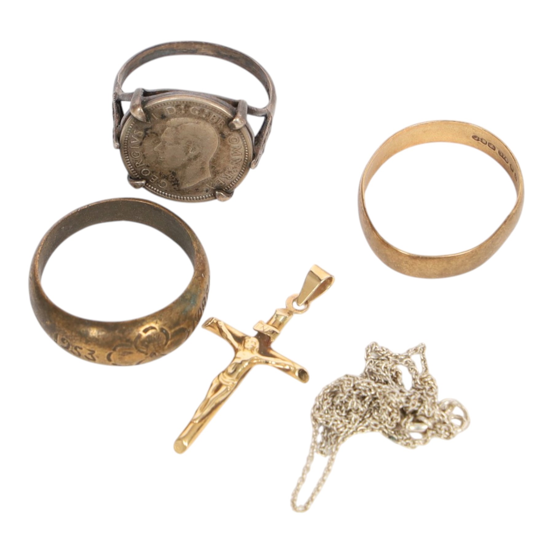 9ct gold cross and wedding band, together with a silver ring, gilt ring and two wristwatches