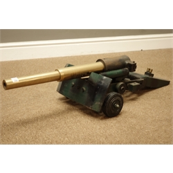  Handcrafted steel model of a Field Gun on rubber wheels with 55cm brass barrel, 96cm overall  