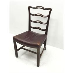 Georgian mahogany Chippendale style chair, moulded frame with pierced and waved slat back, dished leather upholstered seat with stud work, on moulded square supports jointed by stretchers, seat width - 53cm, seat height - 45cm
