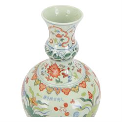 20th century Chinese doucai vase, the body of ovoid form with waisted and knopped neck, decorated with swimming fish amongst plants in underglaze blue and polychrome enamel, the body bearing spurious character mark for  Hsuan Te, H44cm