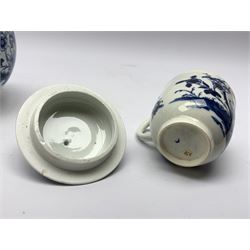 18th Century Worcester teapot, circa 1765-70, decorated in the Bird in the ring pattern, the cover with bud finial, with crescent mark beneath, H13cm, together with a Worcester coffee cup decorated in the same pattern, with crescent mark beneath, H6.5cm