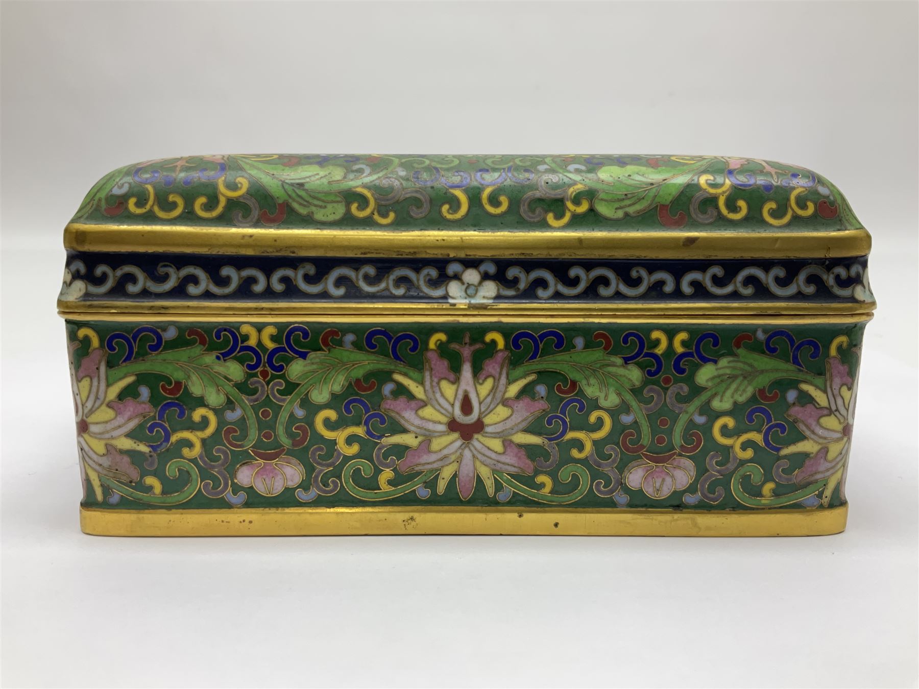 20th century Chinese cloisonne enamel smoking set, comprising two ashtrays, box and tray, with floral and foliate scrolling on green ground