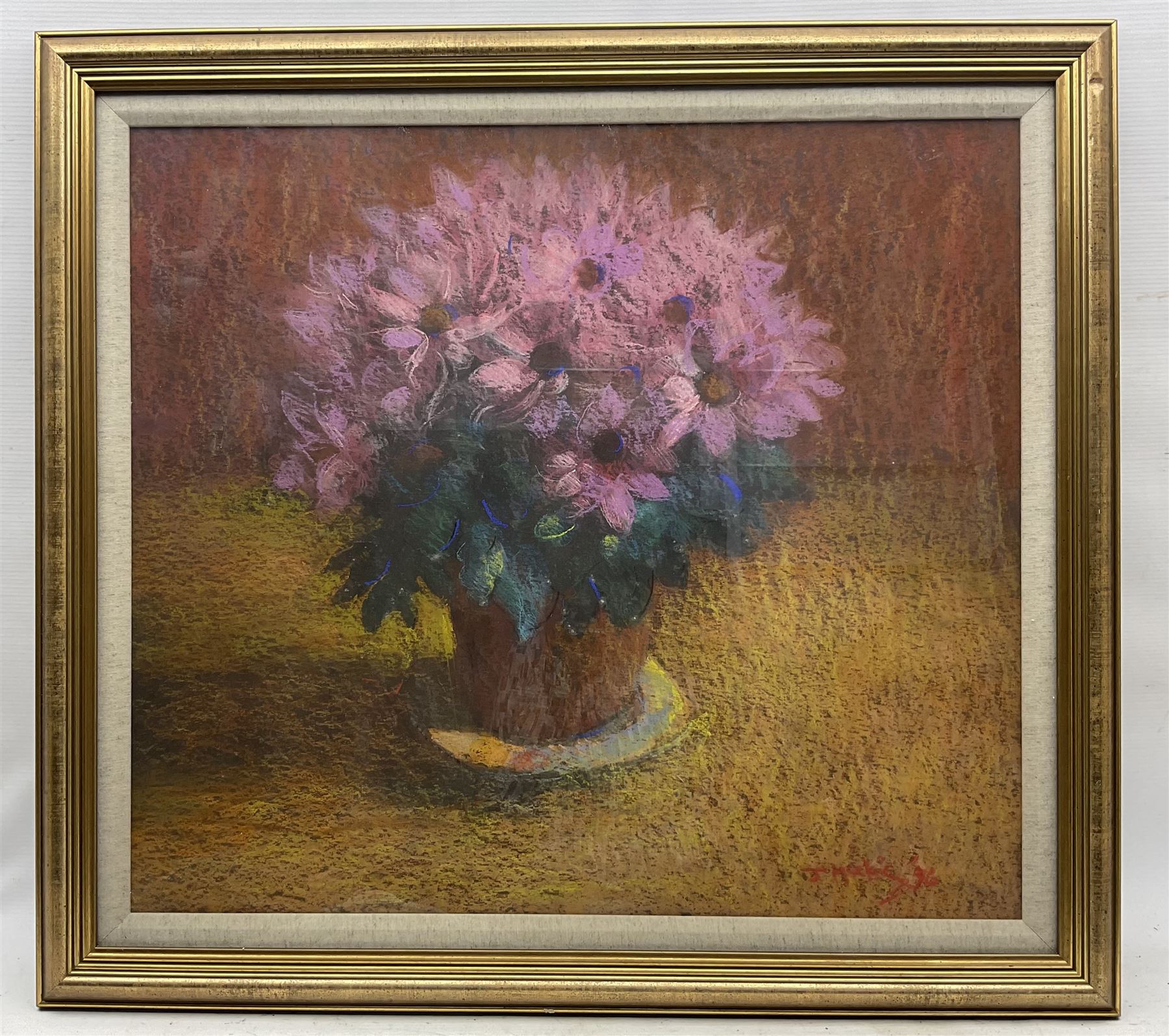 John Mackie (Scottish 1953-): Still Life of Blossoming Pink Daisies, pastel signed 57cm x 64cm 