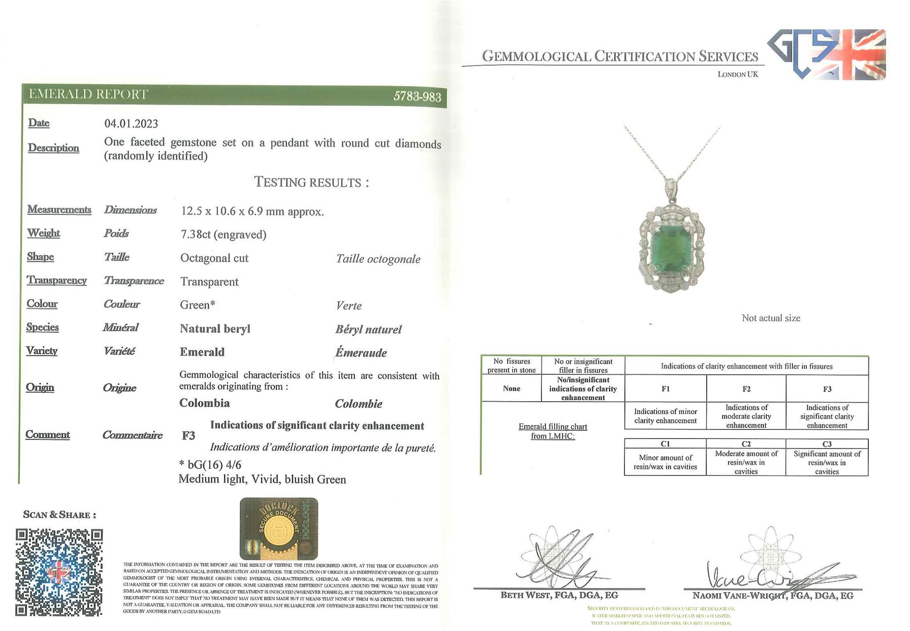Platinum Colombian emerald and diamond pendant necklace, single octagonal cut emerald of 7.38 carat, surrounded by round cut diamonds in a fancy milgrain pierced design setting, stamped Pt 950, on a trace link chain necklace, total diamond weight 1.14 carat, with GCS certificate