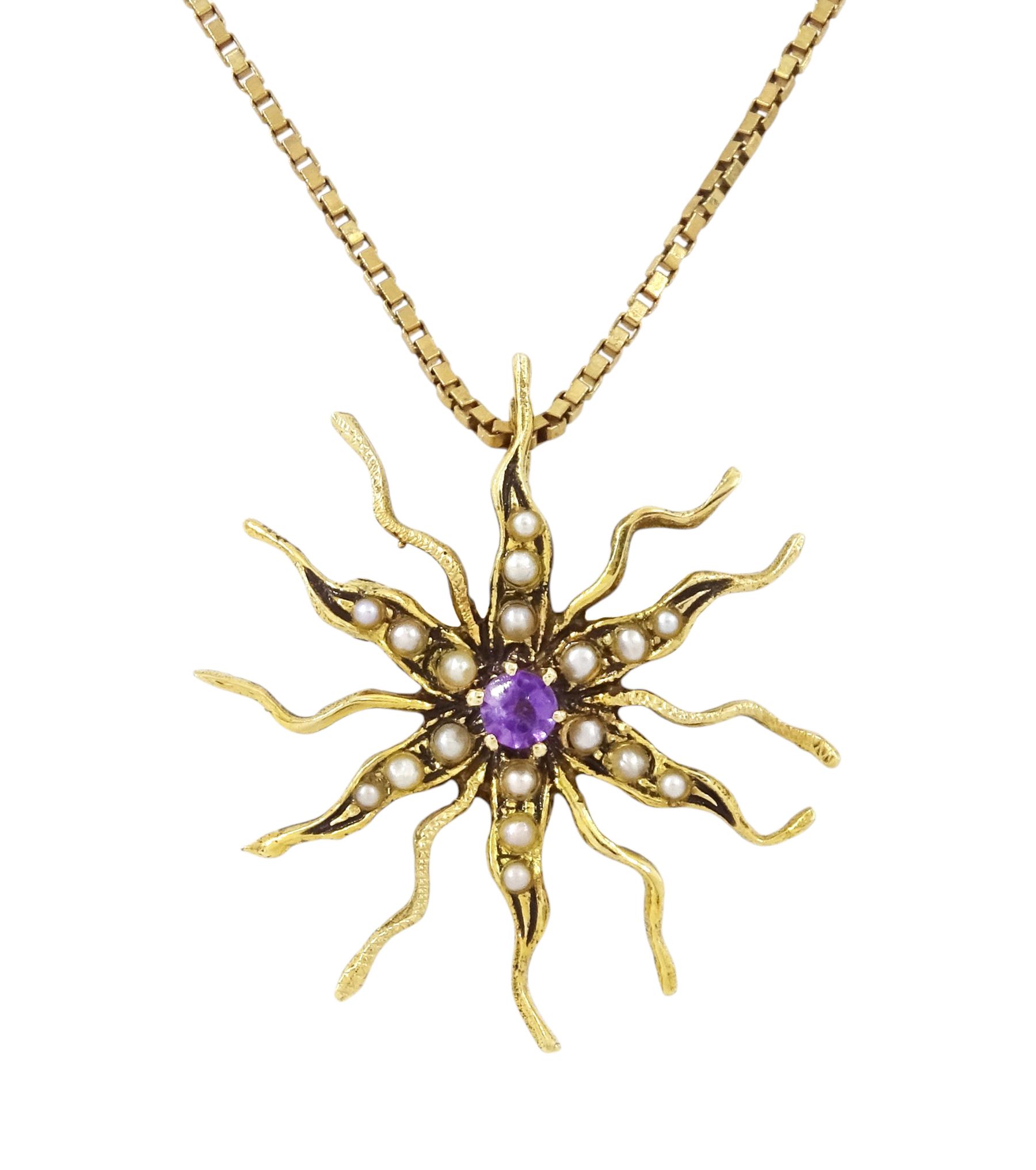 14ct gold amethyst and seed pearl star pendant / brooch, stamped, on a 9ct gold box link chain necklace, hallmarked