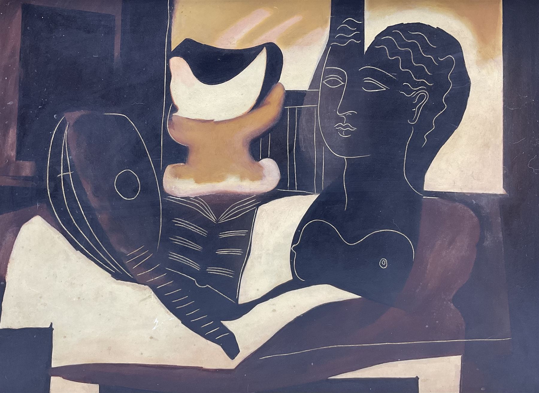 After Charles Edouard Jeanneret Le Corbusier (French 1887-1965): Composition with Bust and Mandolin, 1950's oil on board unsigned 42cm x 57cm