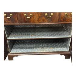 George III mahogany bookcase secretaire, dentil cornice over blind fret work frieze, enclosed by two astragal glazed doors, central secretaire drawer with fall front enclosing leather writing surface and small drawers, two flanking short drawers over double cupboard, on bracket feet