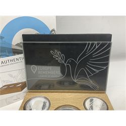 Royal Dutch Mint 'Europe Remembers' silver three coin set, comprised of Royal Canadian Mint 2020 one dollar '75th Anniversary of V-E Day', The Royal Mint 2020 one pound '75th Anniversary of VE Day' and Royal Dutch Mint 2020 five euros '75 Years of Freedom', cased with certificate