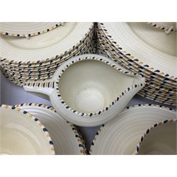 Art Deco Crown Ducal tea and dinner wares, reg no. 784158, comprising dinner plates, teacups, saucers, coffee cups, crescent shaped side plates, bowls, eggcups, etc, (93)