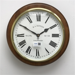  Railway style circular wall clock, dial marked N.E.Rly B.A.Watson Thornaby No.138, D33cm, quartz movement  