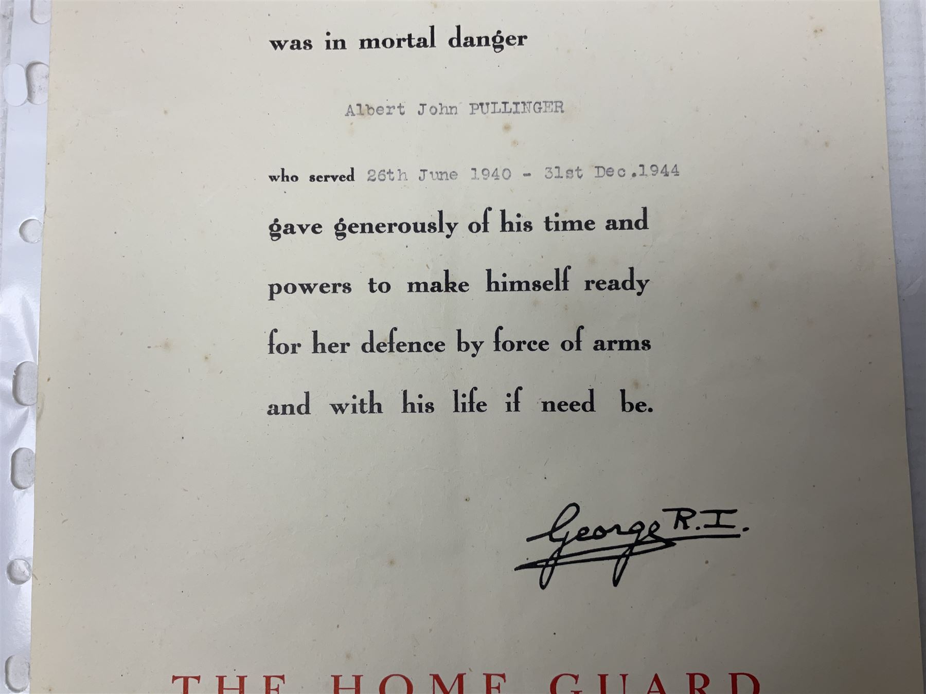 WWII Home Guard Service certificate to Albert John Pullinger with WWII Defence Medal; fretworked wooden Home Guard picture frame, image size 19 x 24cm; and WWII Civil Defence at Beverley (Yorks.) folding street plan (4)