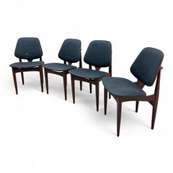 G-Plan - mid-20th century teak oval dining table, with butterfly leaf extension mechanism and four Elliot's of Newbury teak framed dining chairs upholstered in purple and green fabric, table un-extended width 152cm x depth 152cm x height 71cm, chairs 47x37x78cm 