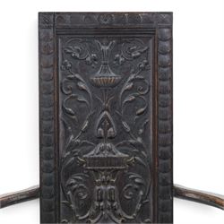 17th design century carved oak hall chair, carved back with urn and foliate details, shaped seat and arms, raised on turned supports united by stretchers