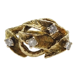  9ct gold leaf design ring set with four diamonds Birmingham 1978  