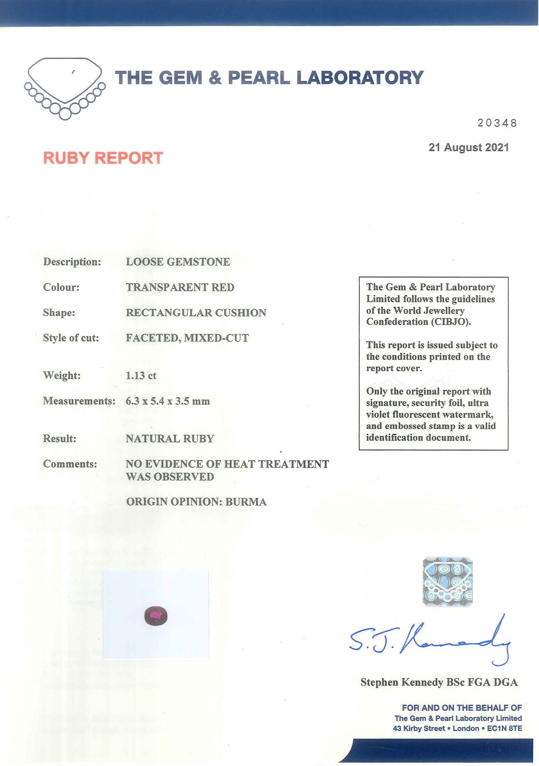 18ct gold and platinum Burmese ruby and diamond ring by Scarab London, single rectangular cushion cut unheated ruby of 1.13 carat, with a single French cut diamond set either side and round brilliant cut diamond surround, in a scrolling foliate design setting, with Alan Poultney Gems report, the ruby with The Gem & Pearl Laboratory report