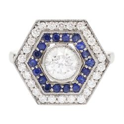 Platinum diamond and sapphire hexagonal ring, the principle diamond of approx 0.55 carat, ...