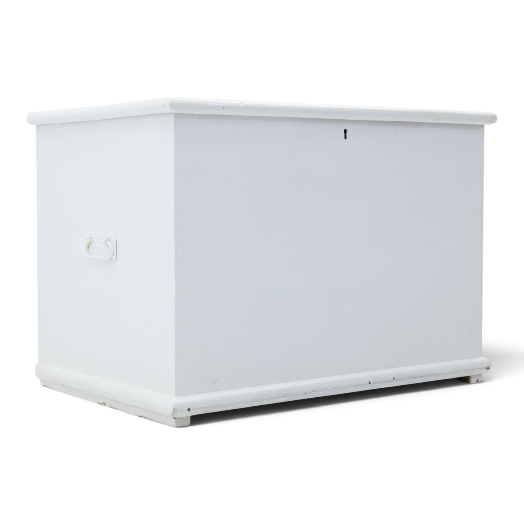 Victorian white painted pine blanket chest, with iron strap hinges, with fitted candle box, metal carrying handles