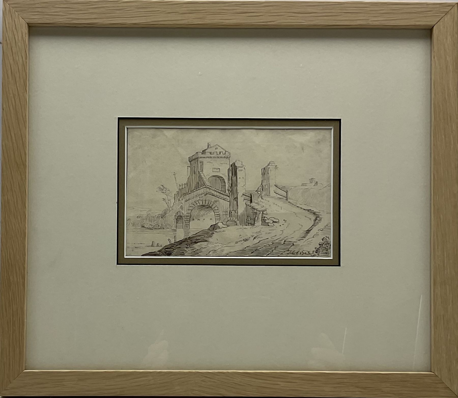 Continental School (Early 18th century): Study of a Toll Bridge, pen and ink dated 1723, 11cm x 17cm