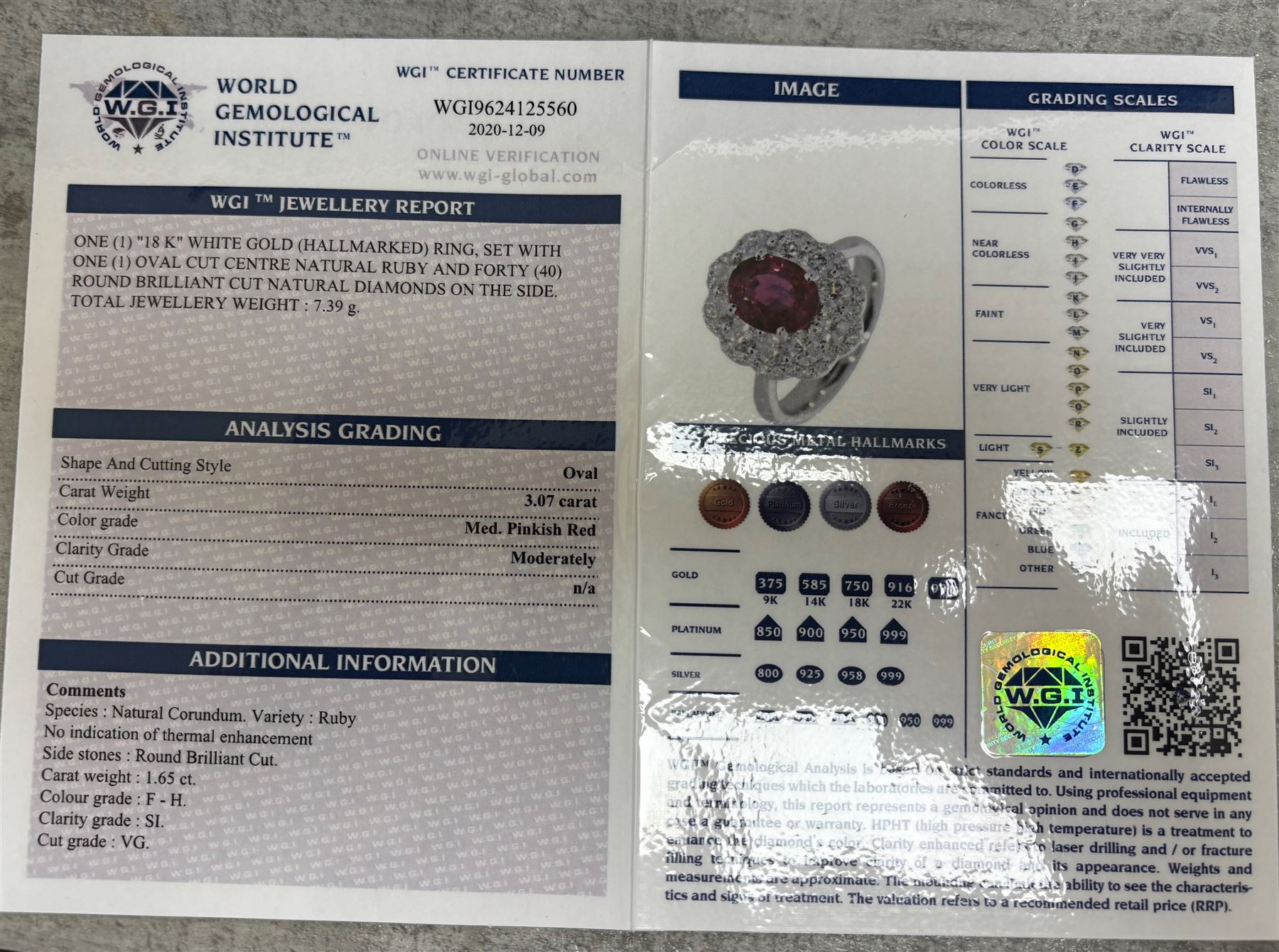 18ct white gold unheated oval ruby and round brilliant cut diamond cluster ring, hallmarked, ruby 3.07 carat, total diamond weight approx 1.65 carat, with WGI certificate