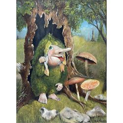 EJ Taylor (British 20th century): Woodland Troll with Fly Agaric, oil on board signed; M Richardson (British 20th century): 'Whitcliffe Lane', watercolour signed and titled max 34cm x 37cm (2)