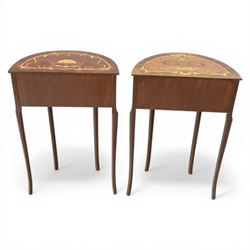 Pair of French style marquetry demi lune bedside tables, inlaid marquetry above three drawers, with applied gilt mounts to the long tapering front supports 