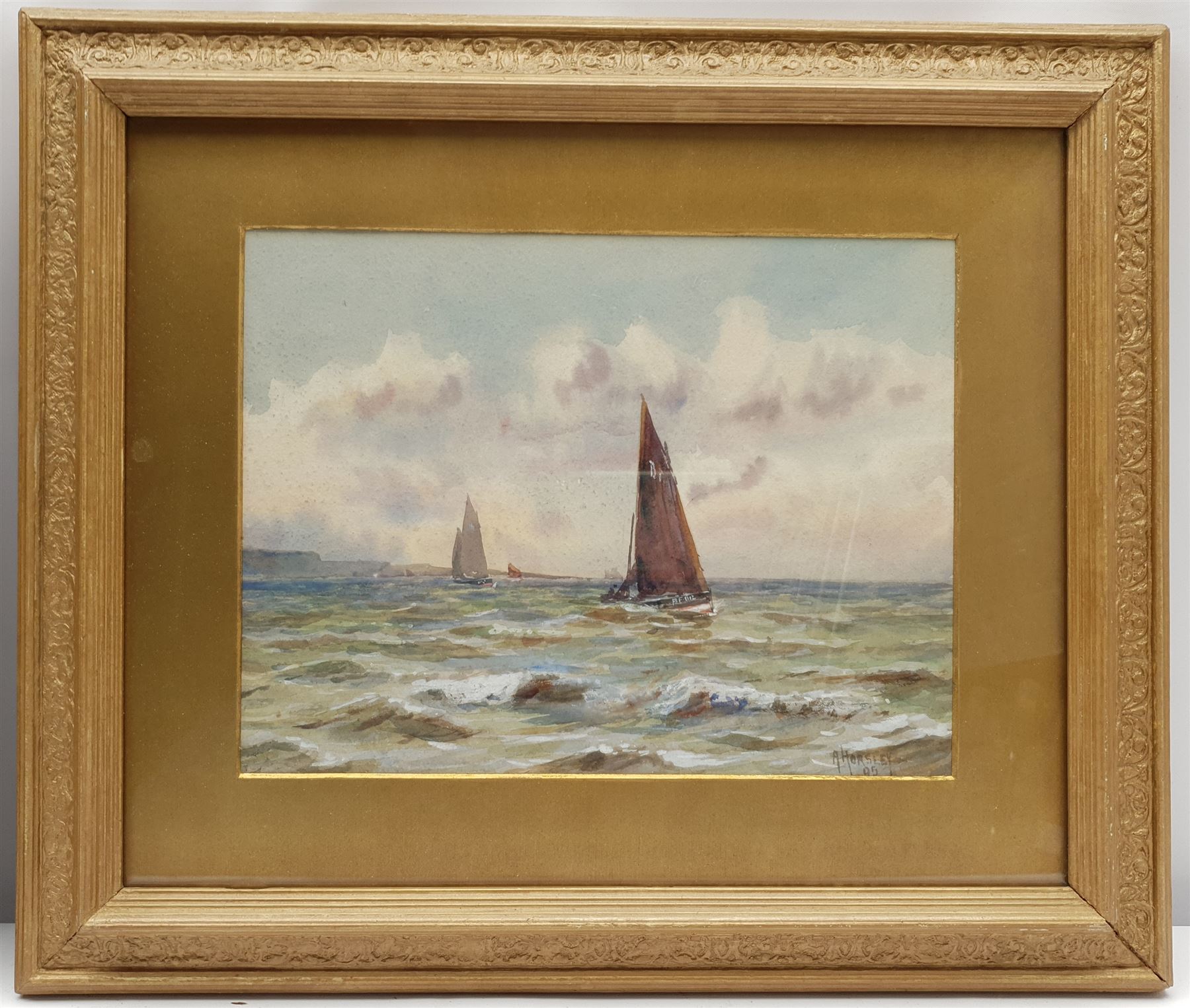 Albert Edward Horsley (British 1861-post1930): Boats off the Yorkshire Coast, watercolour signed and dated '95, 20cm x 27cm 
Notes: Albert Horsley, son of Scarborough picture framer John Horsley, studied under Albert Strange at the Scarborough School of Art where he later worked as Assistant Master from around 1895. He also appears to have worked as a framer like his father as this is his stated profession in the 1891 census and the 1911 trade directory, where he is recorded as living at 4 York Place.