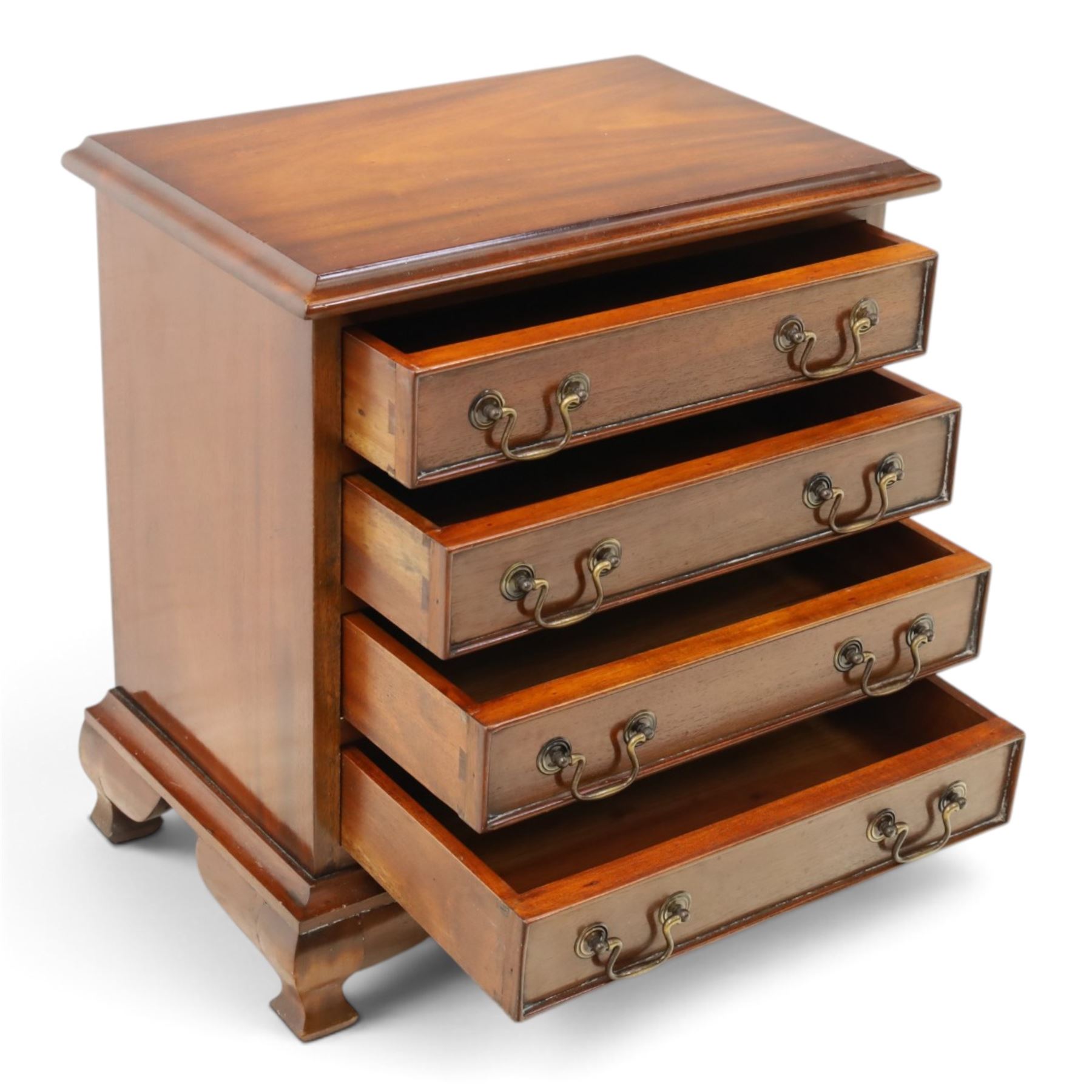 Georgian design mahogany dwarf chest, fitted with four long cock-beaded drawers, on ogee bracket feet