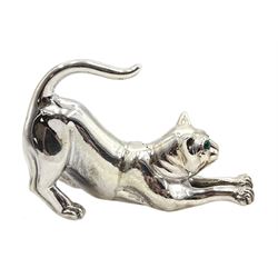 Silver cat ornament with green stone set eyes, hallmarked 