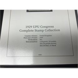 Great Britain King George V 1929 Postal Union Congress one pound stamp, halfpenny green, penny scarlet, one and a half pence purple-brown and two and a half pence blue, all unused, housed in a Harrington and Byrne folder