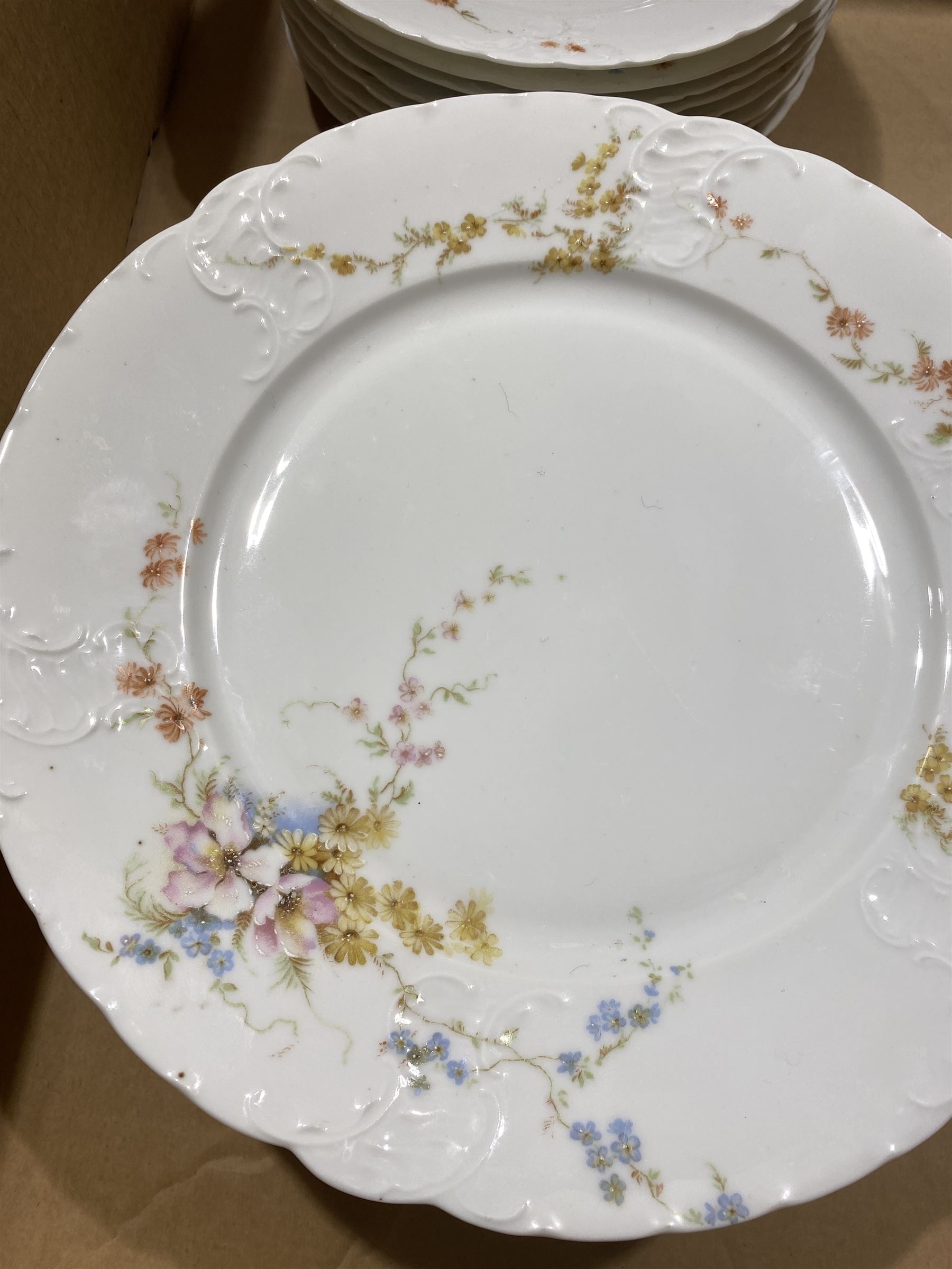 Victorian Rosenthal Tilly dinner wares, including dinner plates, side plates, dessert plates etc, all decorated with printed and painted florals, each with printed RC Sevres mark beneath