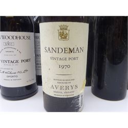 Vintage port including two bottles of Quinta Do Noval 1991, 75cl, 20.5%vol, two bottles of Smith Woodhouse 1991, 75cl, 20%vol, two bottles of Niepoort's 1991, 750ml, 20.5%vol, Sandeman 1970 and two further bottles of vintage port lacking original labels, various contents and proofs (9)