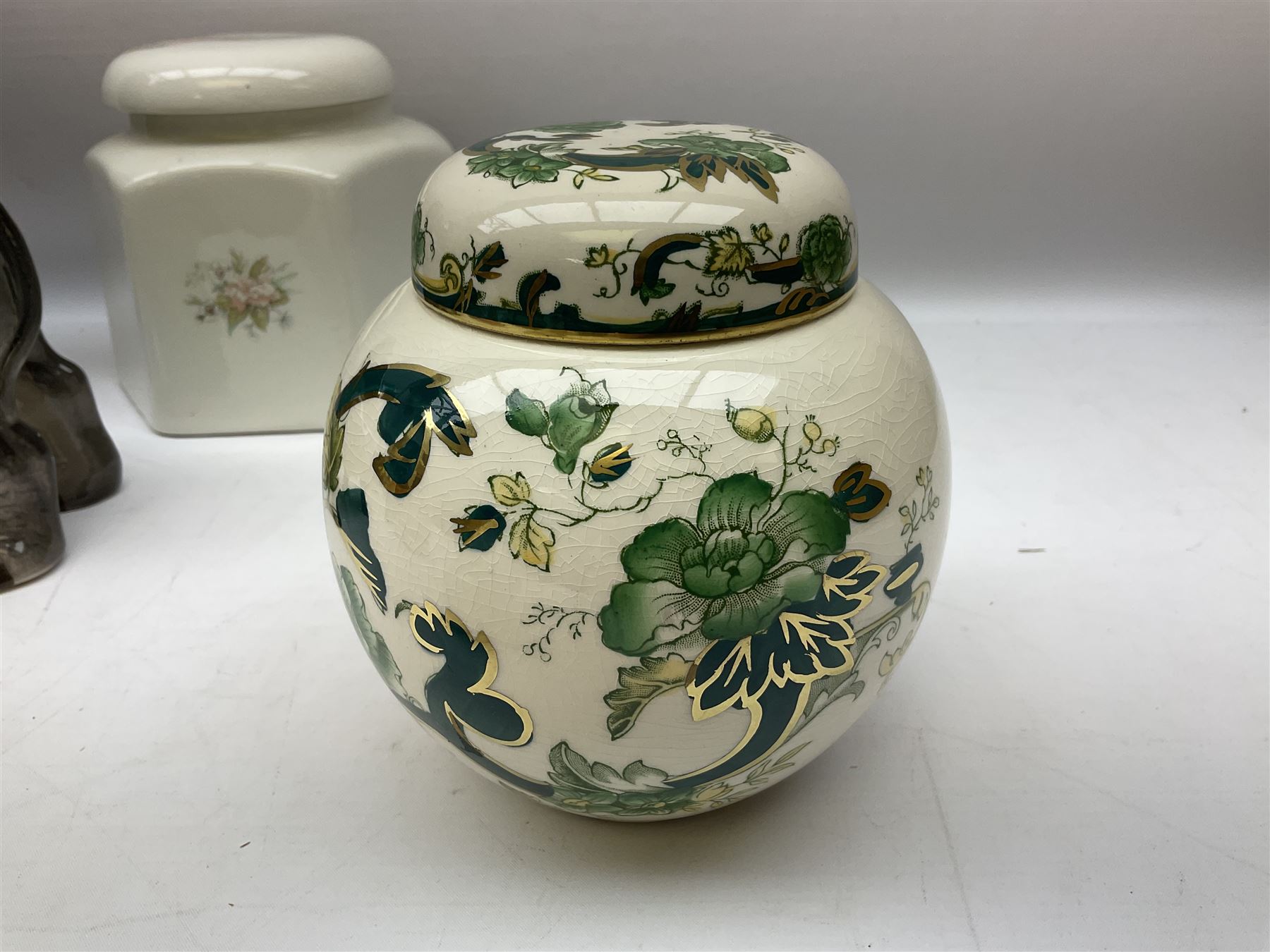 Beswick model of a seated bulldog, model no. 1872, Beswick Laurel & Hardy cruet set on stand, no. 575, Melba Ware animal figures to include large horse, hippo, rhino, USSR tiger cub figure, other ceramics to include Mason's lidded jar etc