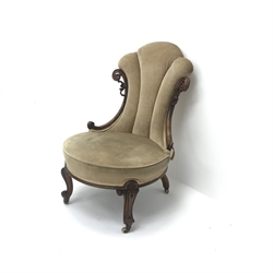  Victorian walnut framed fan back chair, upholstered in a beige fabric, cabriole legs, W55cm  