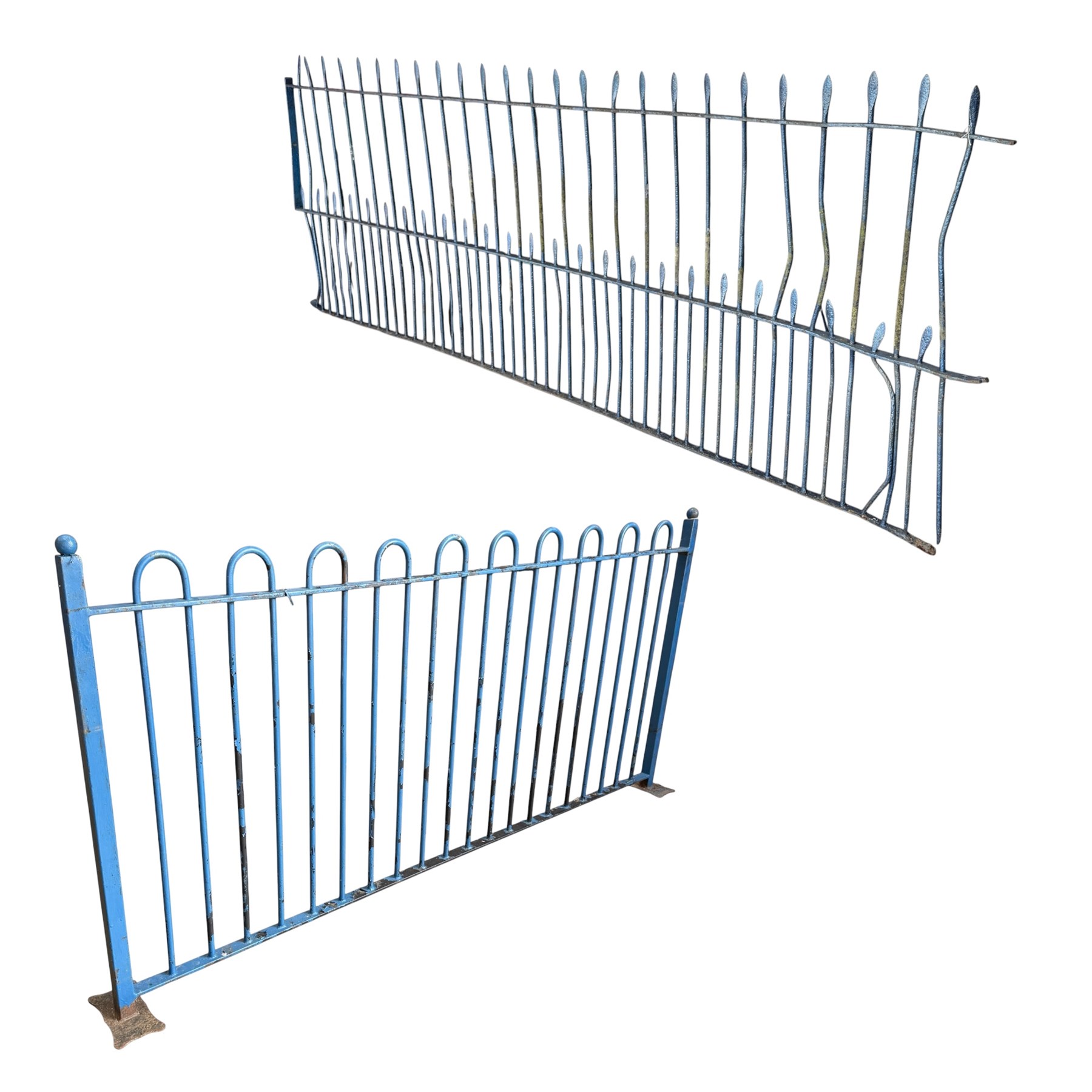 Two sections of painted iron garden or estate boundary railing, comprising a 19th century wrought iron section with graduated spearhead uprights, together with a later hoop-top section with ball-finial end posts, both in blue painted finish
