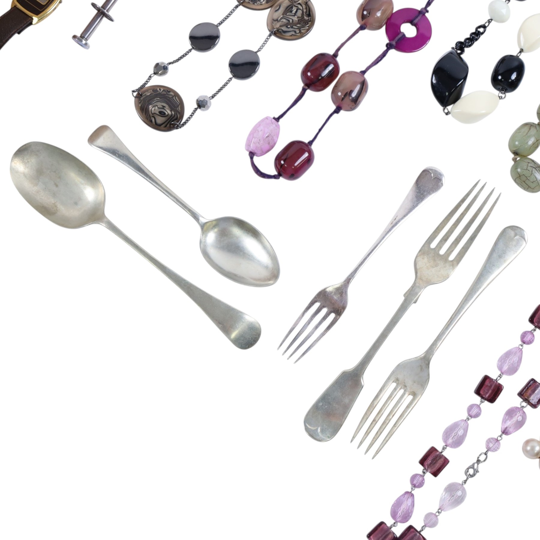 Collection of costume jewellery, included beaded necklaces and brooches, silver plated cutlery and ceramic trinket boxes etc