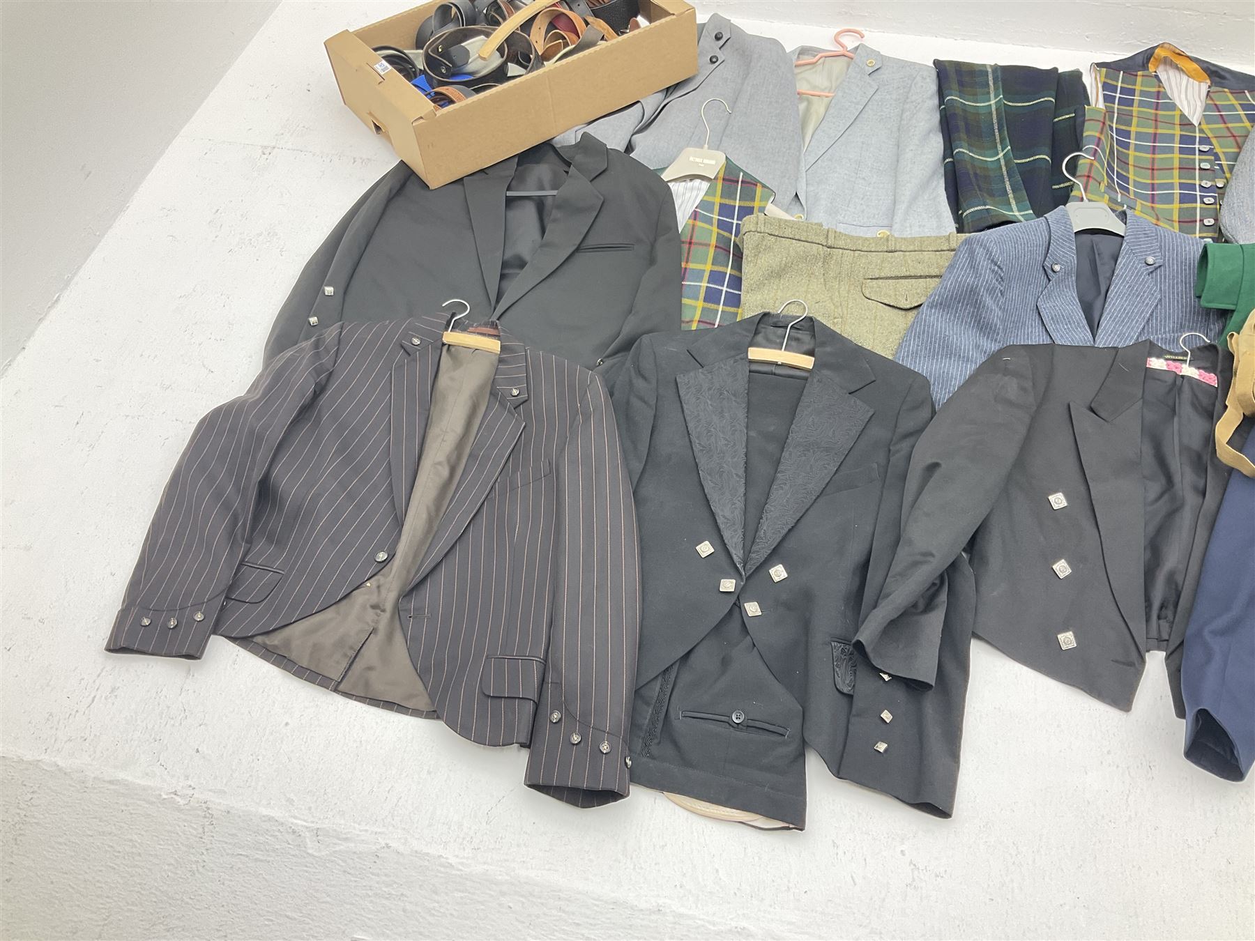 Vintage and later clothing including mess jackets, waistcoats, by various makers including 'Skopes', 'Saxon Hawk', 'Lincroft', 'Grendale' etc, belts including leather examples etc, in three boxes