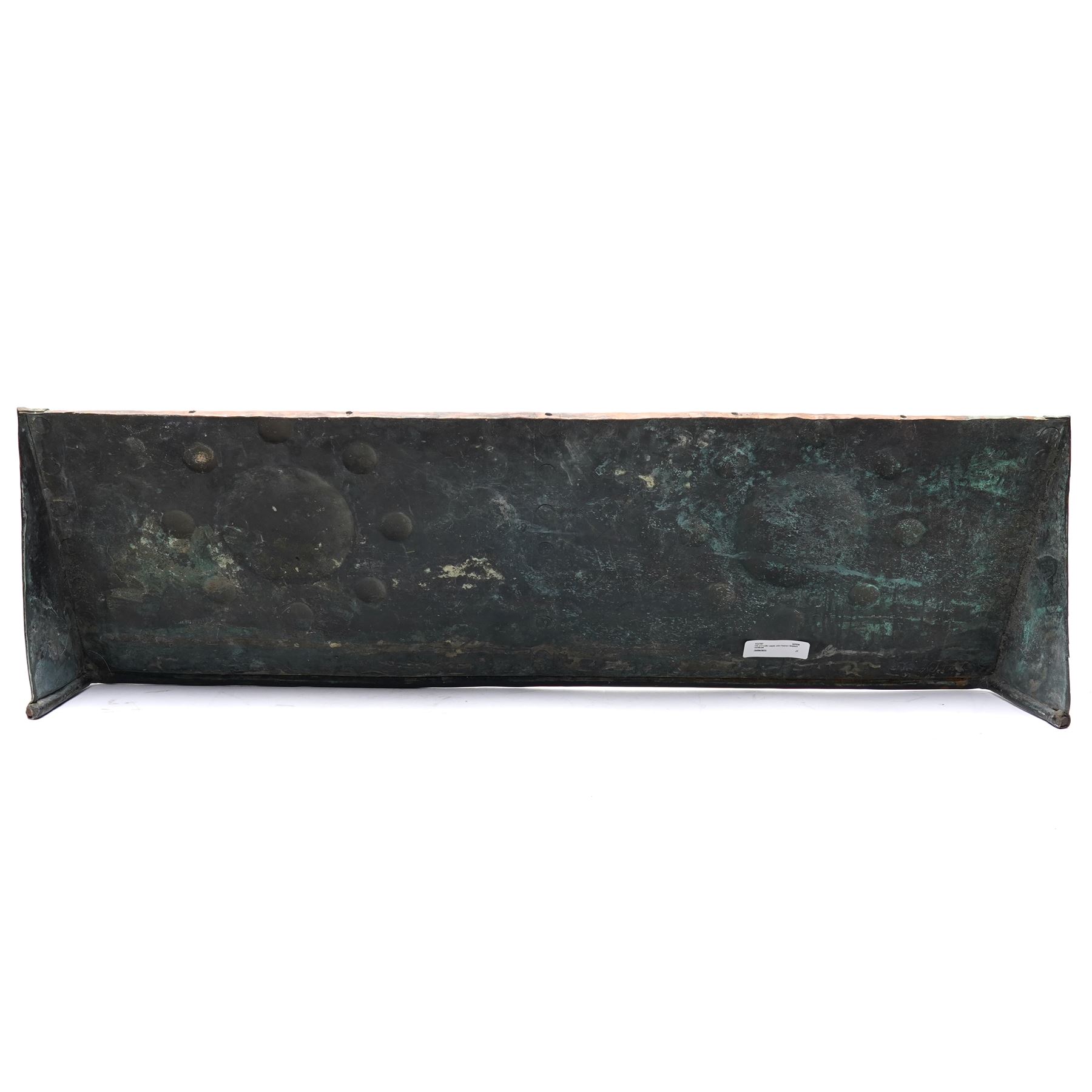 Arts & Crafts period copper fireplace hood by John Pearson, decorated with stylised roundels, signed verso, W77cm