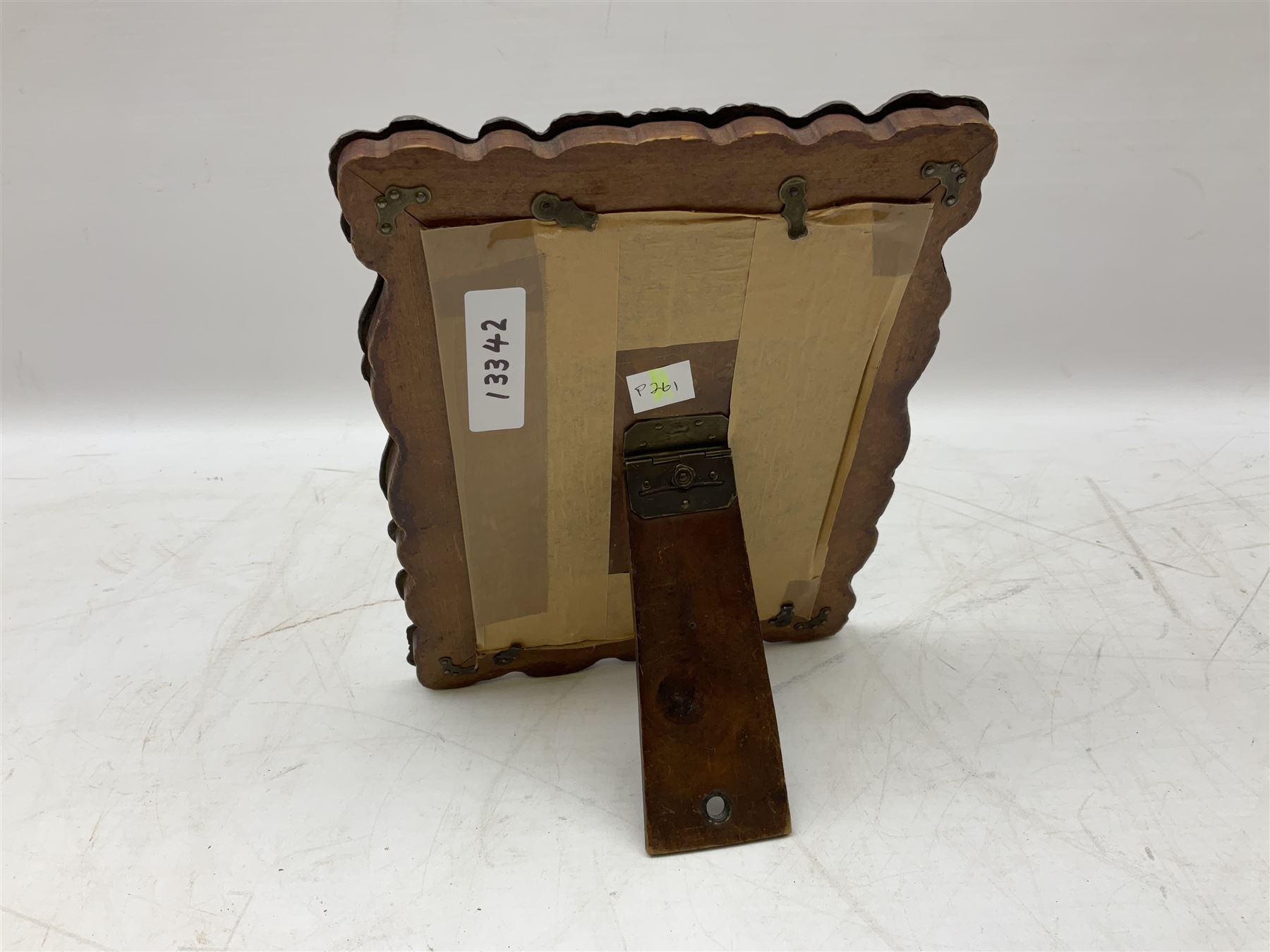 Japanese bronzed antimony frame, decorated with dragons and ho ho birds, easel stand to reverse, containing Continental crystoleum of female nude, H24cm