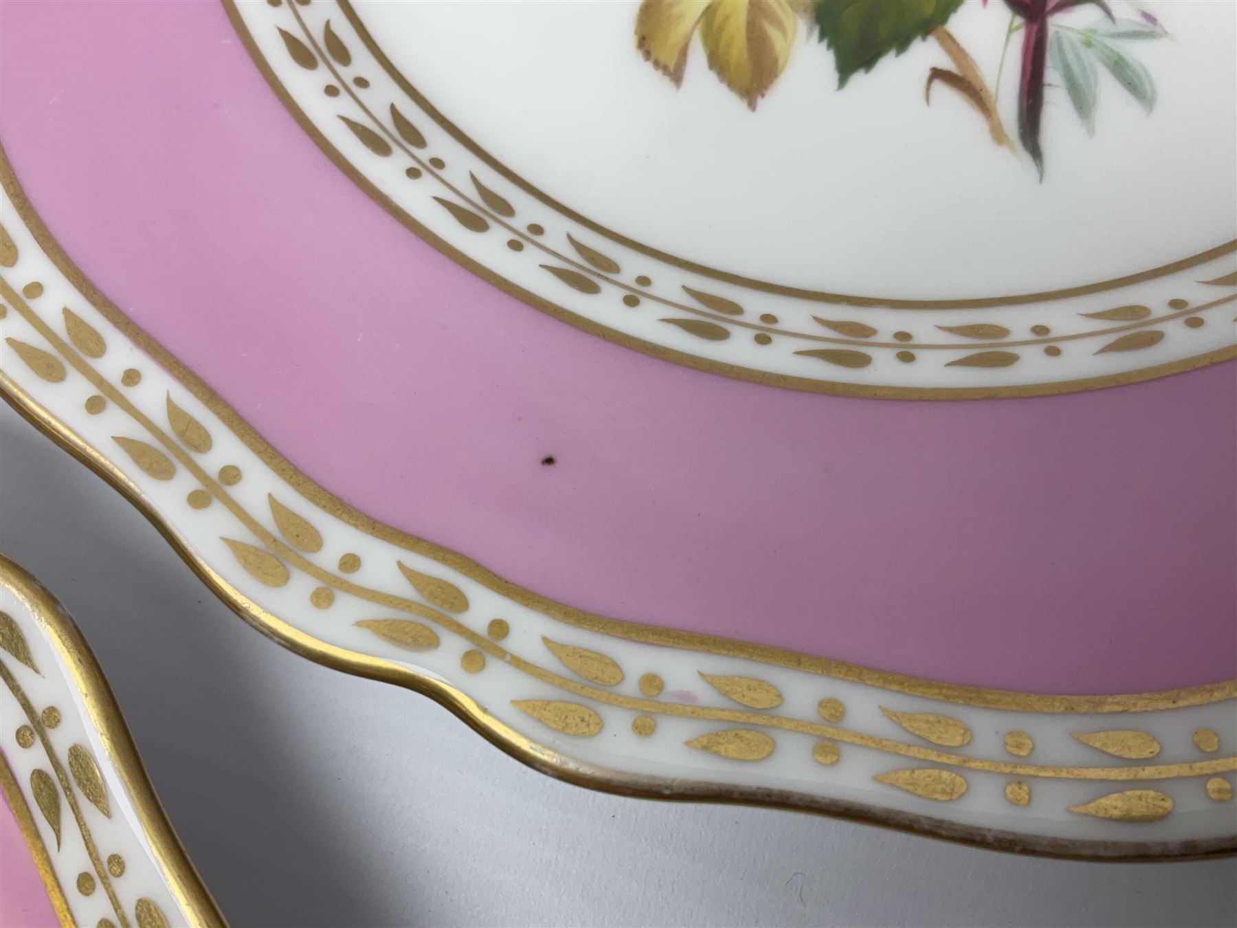 Victorian Copeland, Botanical dessert service, decorated with floral sprigs to the centre with a pink and gilt border, comprising five comports and seven plates, largest comport H20cm, plate D22cm