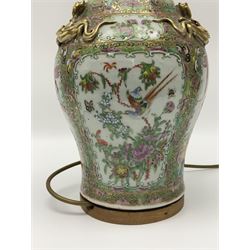 19th century Chinese Canton Famille Rose vase, decorated with figural panels against floral and foliate scroll ground, converted to a lamp, H46cm