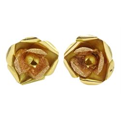Pair of 18ct yellow gold and textured pink gold rose stud earrings, stamped 750 