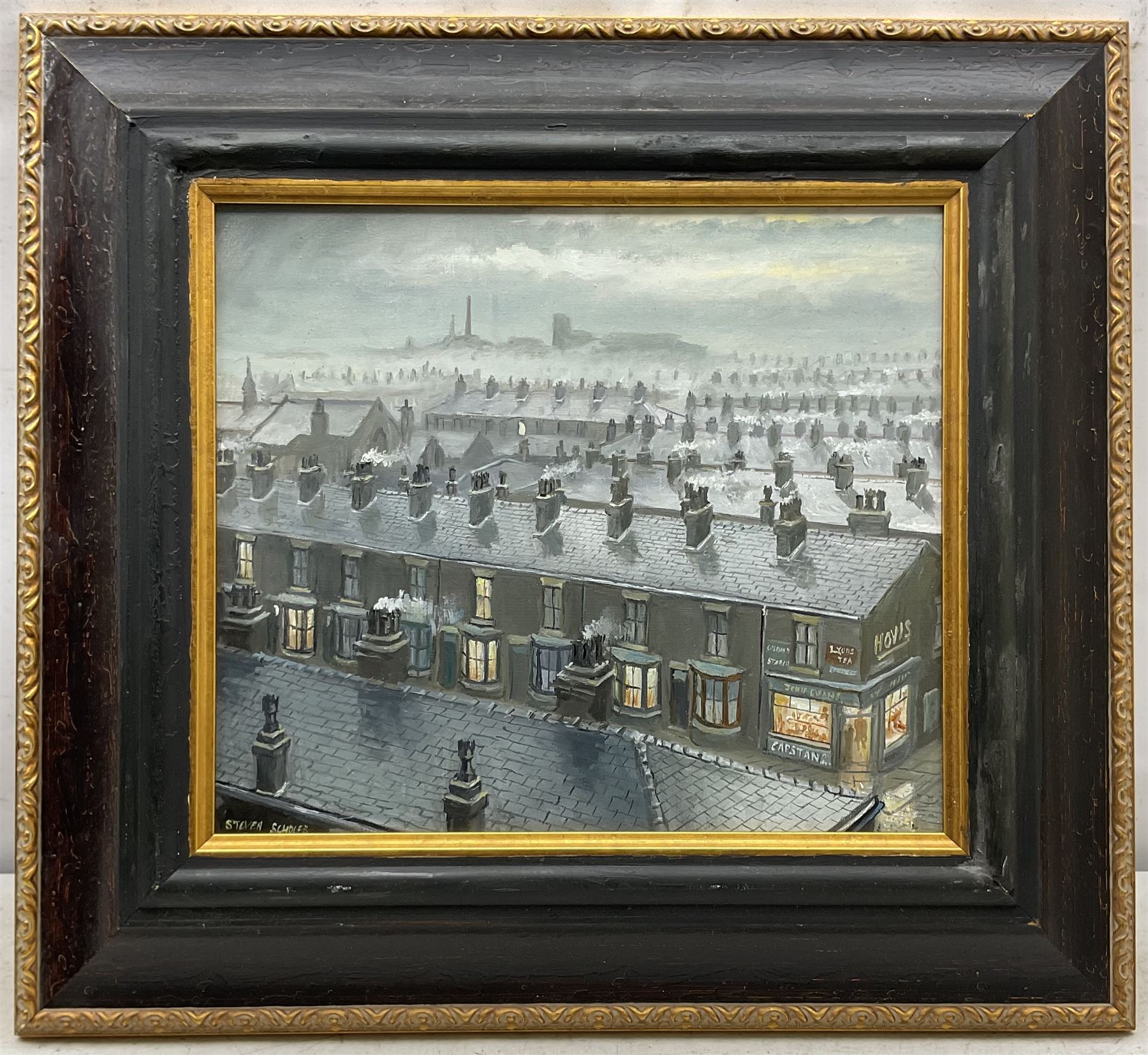 Steven Scholes (Northern British 1952-): 'Rooftops of Manchester', oil on board signed 32cm x 37cm