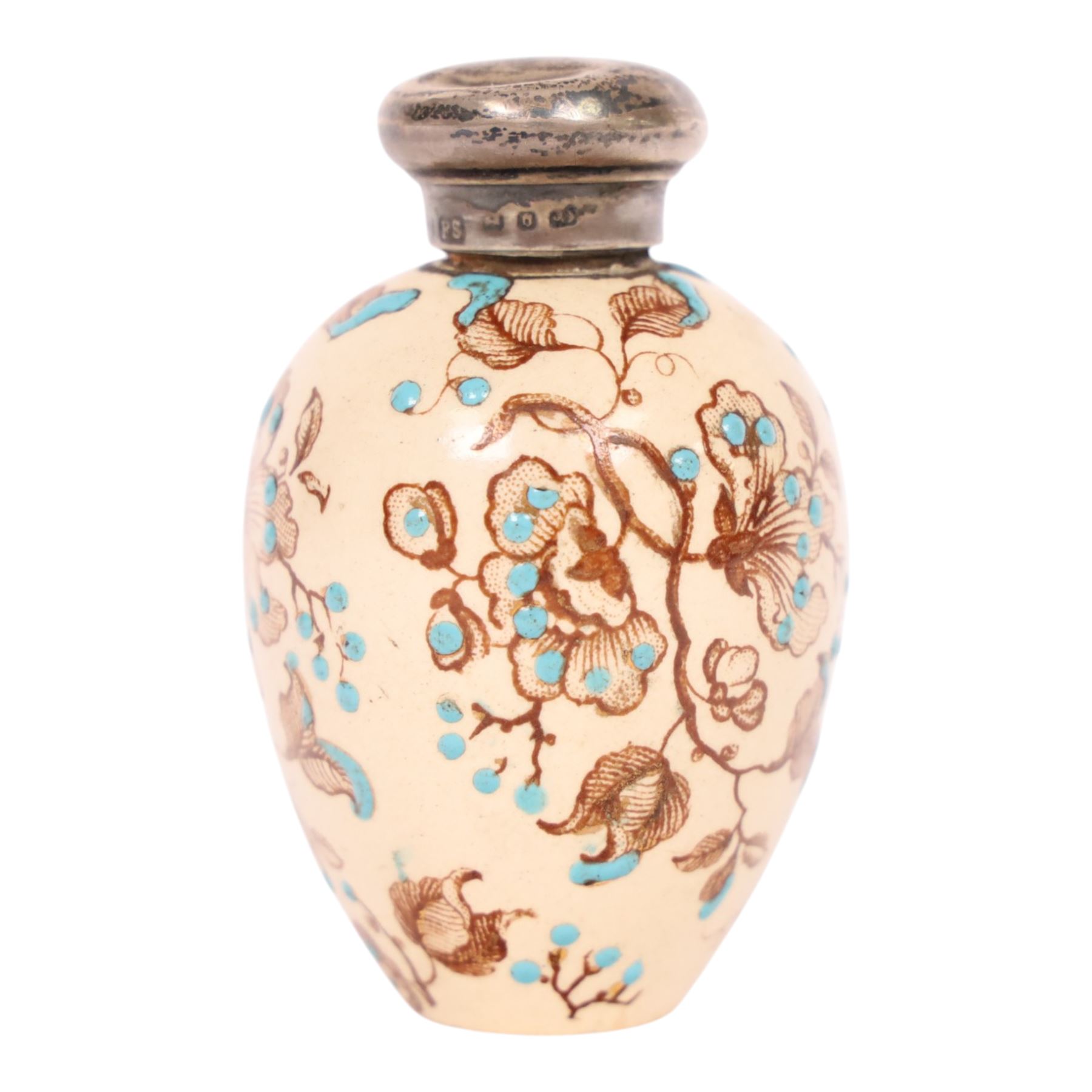 Victorian silver topped porcelain scent bottle, hallmarked Cornelius Saunders & Frank Shepherd, Birmingham, 1888, of ovoid form, decorated with floral sprigs upon a cream ground with blue enamel detail, H7cm