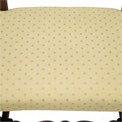 Bylaw of Ross On Wye - 17th-century design oak three-seat hall bench, triple arched panelled back, padded seat upholstered in a yellow herringbone ground fabric with star motif, raised on turned baluster legs united and turned front stretcher