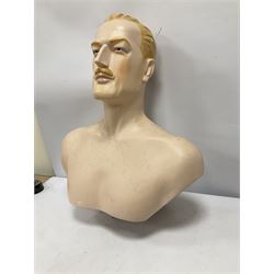 Mid 20th century male mannequin, the plaster bust with painted blonde hair and moustache, with metal attachment for stand, H56cm