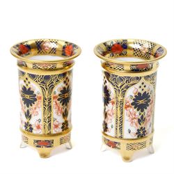 Royal Crown Derby Imari 1128 pattern square footed basket/dish, boxed, W23cm; together with two further pairs of vases in the same pattern, H9.5cm and H7cm (5)