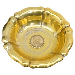 Two silver on copper bottle coasters silver plated cigarette box, silver plated hip flask; trophy bowl with inset medal; small dressing table jar 